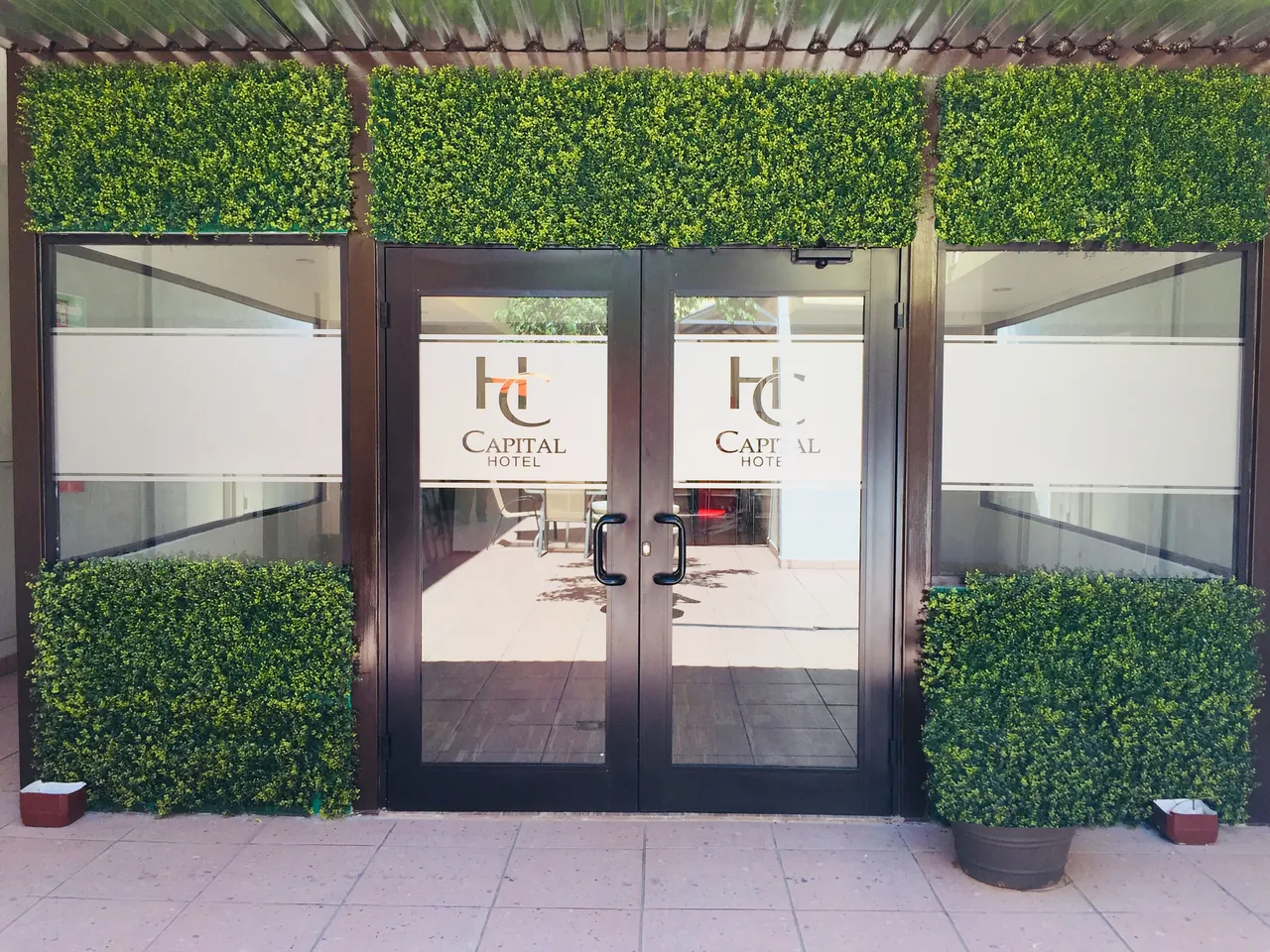 Entrada de Capital Hotel con puertas de cristal rotuladas con el logo y jardineras verdes